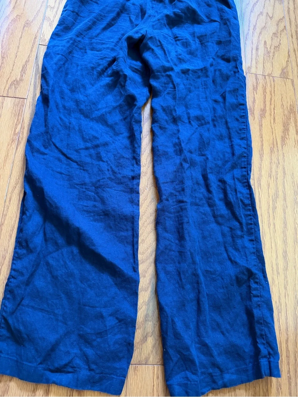 Zara Women's Navy Blue Drawstring Wide-Leg Linen Trousers Small S